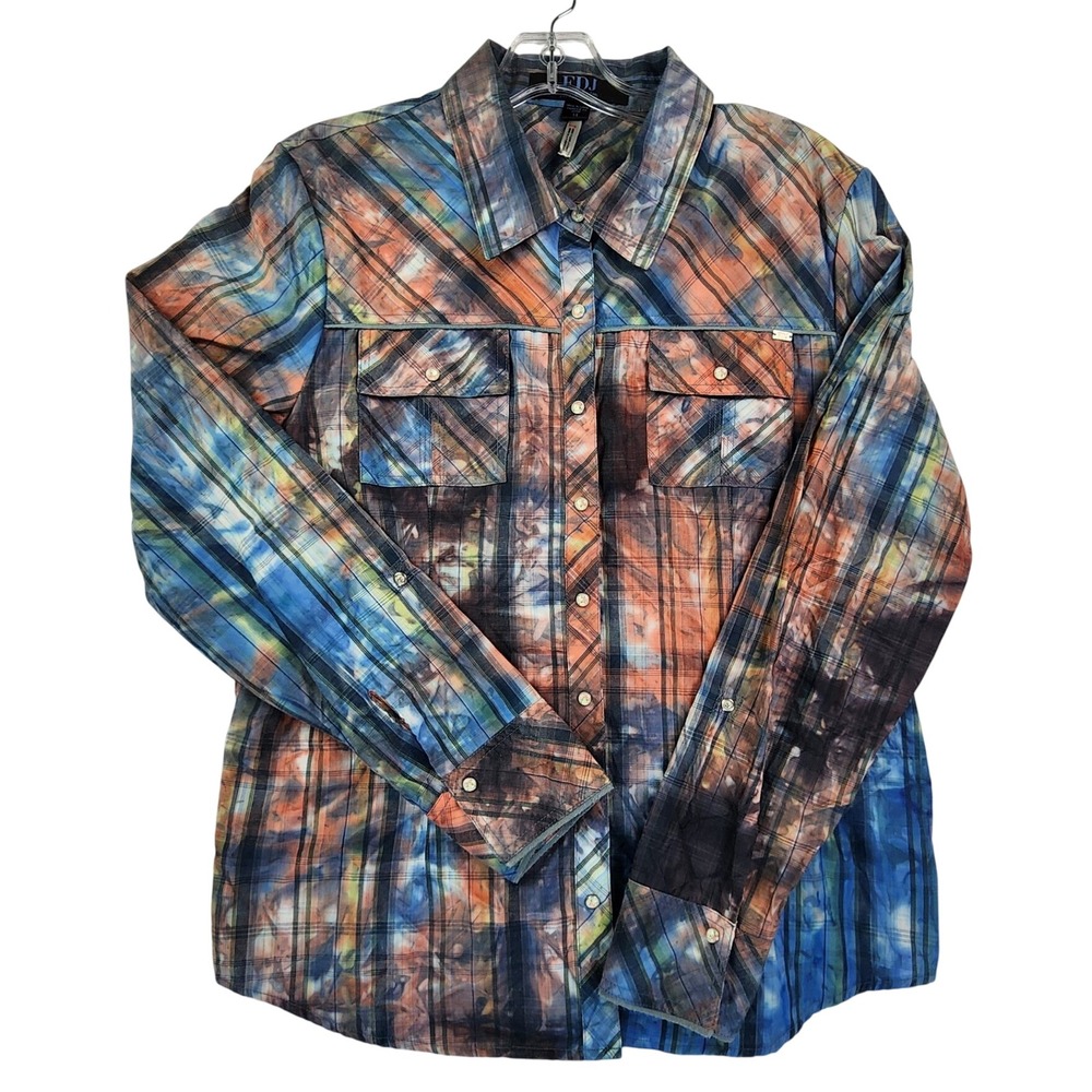 FDJ 14 Multicolor Plaid Tie Dye Western Snap Shirt Boho Cowgirl Grunge Artistic
